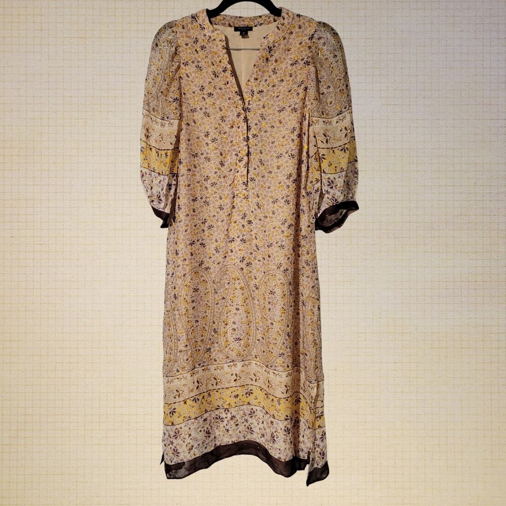 y2k Cottagecore Ann Taylor Petite Tunic Dress Floral Paisley Tinsel Sash 3/4-S
